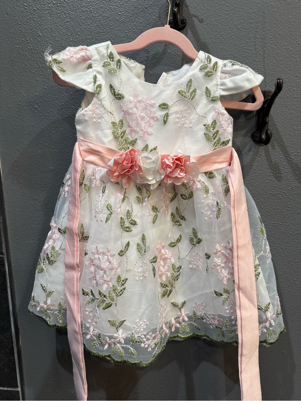 Girls Floral Embroidered Pink & White Party Dress